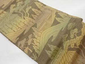 リサイクル　手織り紬社殿に木々・風景模様織出し名古屋帯